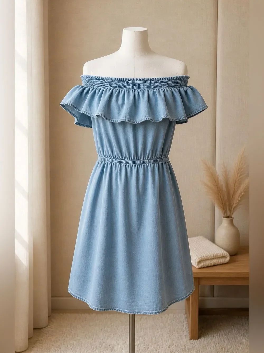 Express Off-Shoulder Ruffle Denim Dress